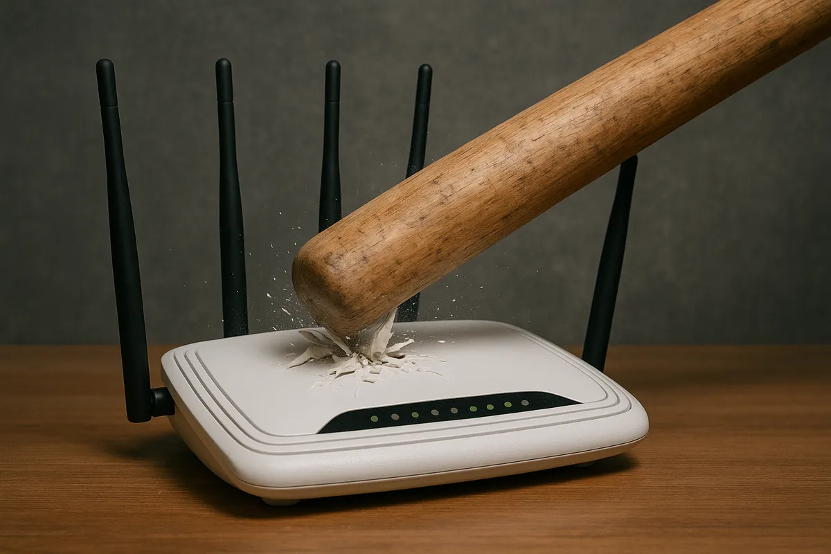 AI Image of a Wi-Fi Router Hit by a Baseball Bat
